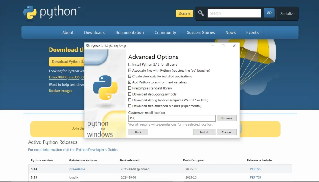 Advanced options install python